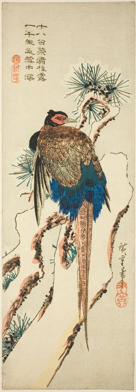 Fasan på et snedækket fyrretræ af Utagawa Hiroshige