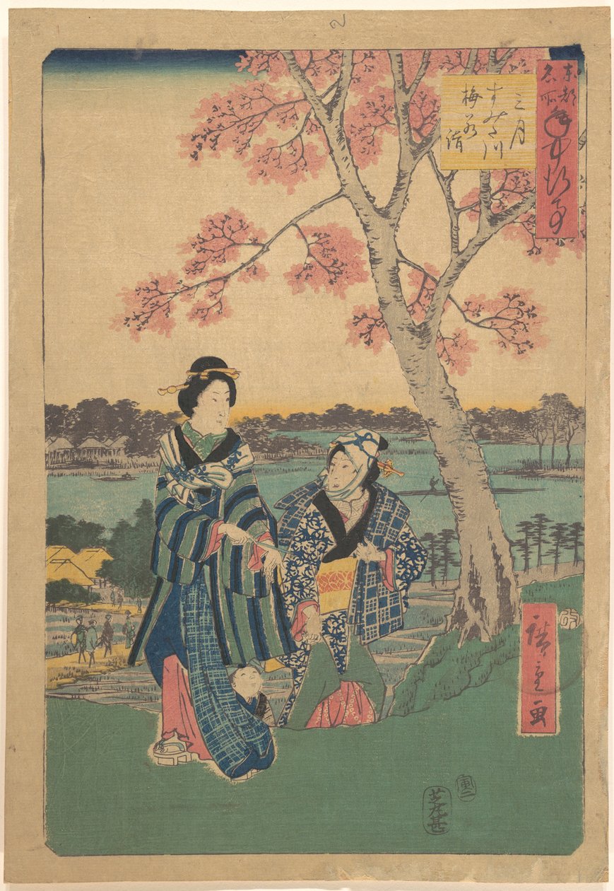 Blomstrende blommer i den tredje måned ved Sumida-floden, fra serien Årlige begivenheder på berømte steder i den østlige hovedstad (Tōto meisho nenjū gyōji sangatsu sumitagawa waka mōde) af Utagawa Hiroshige