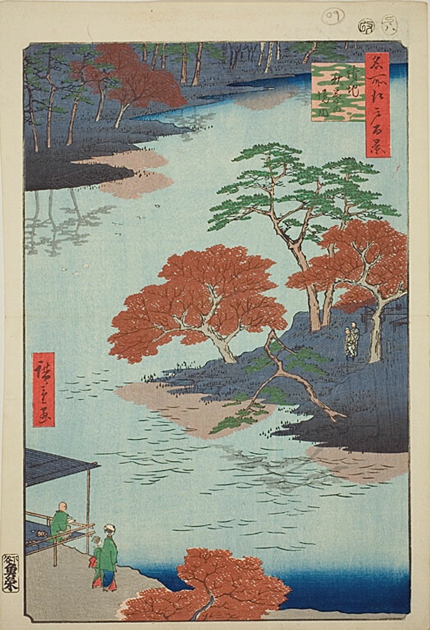 Forbilleder af Akiba-helligdommen, Ukeji (Ukeji Akiba no keidai), nr. 91 fra serien "One Hundred Famous Views of Edo (Meisho Edo hyakkei)" af Utagawa Hiroshige