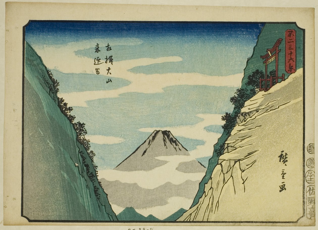 Raigo Valley ved Oyama i Sagami-provinsen (Sagami Oyama Raigodani), fra serien "Thirty-six Views of Mount Fuji (Fuji sanjurokkei)" af Utagawa Hiroshige