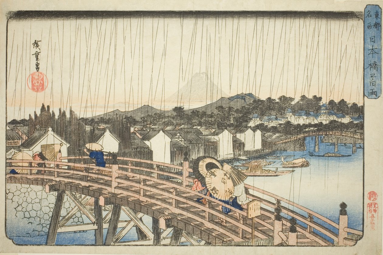 Rain at Nihonbashi Bridge (Nihonbashi no hakuu), from the series "Famous Places in the Eastern Capital (Toto meisho)" af Utagawa Hiroshige