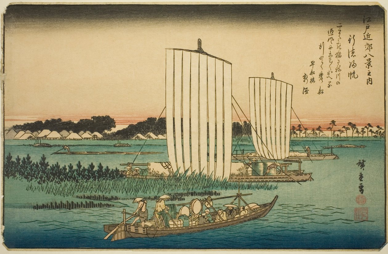 Row r people g igen ls at fish special (gyotoku norms), fra seriens ``British Views member te environs of Edo (one of the Eight Views of Edo Bank)