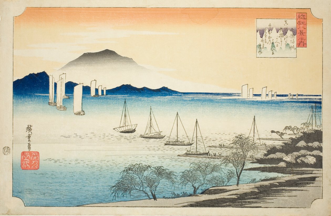 Retsu r Ning Sails at Yabase (Yabase no Kihan), fra serien "Eight ws of Omi" af Utagawa Hiroshige