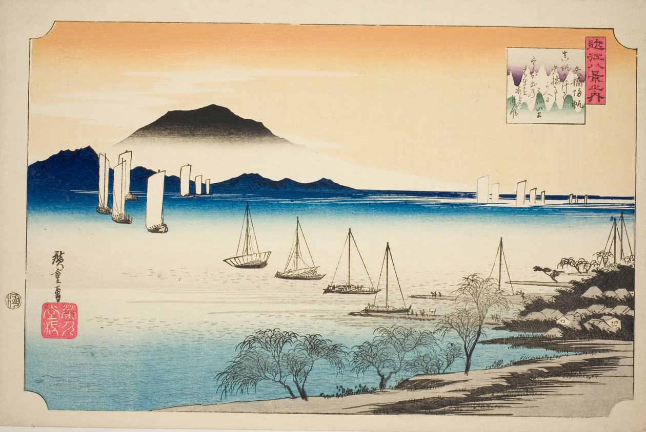 Retsu r Ning Sails at Yabase (Yabase no Kihan), fra serien "Eight ws of Omi" af Utagawa Hiroshige