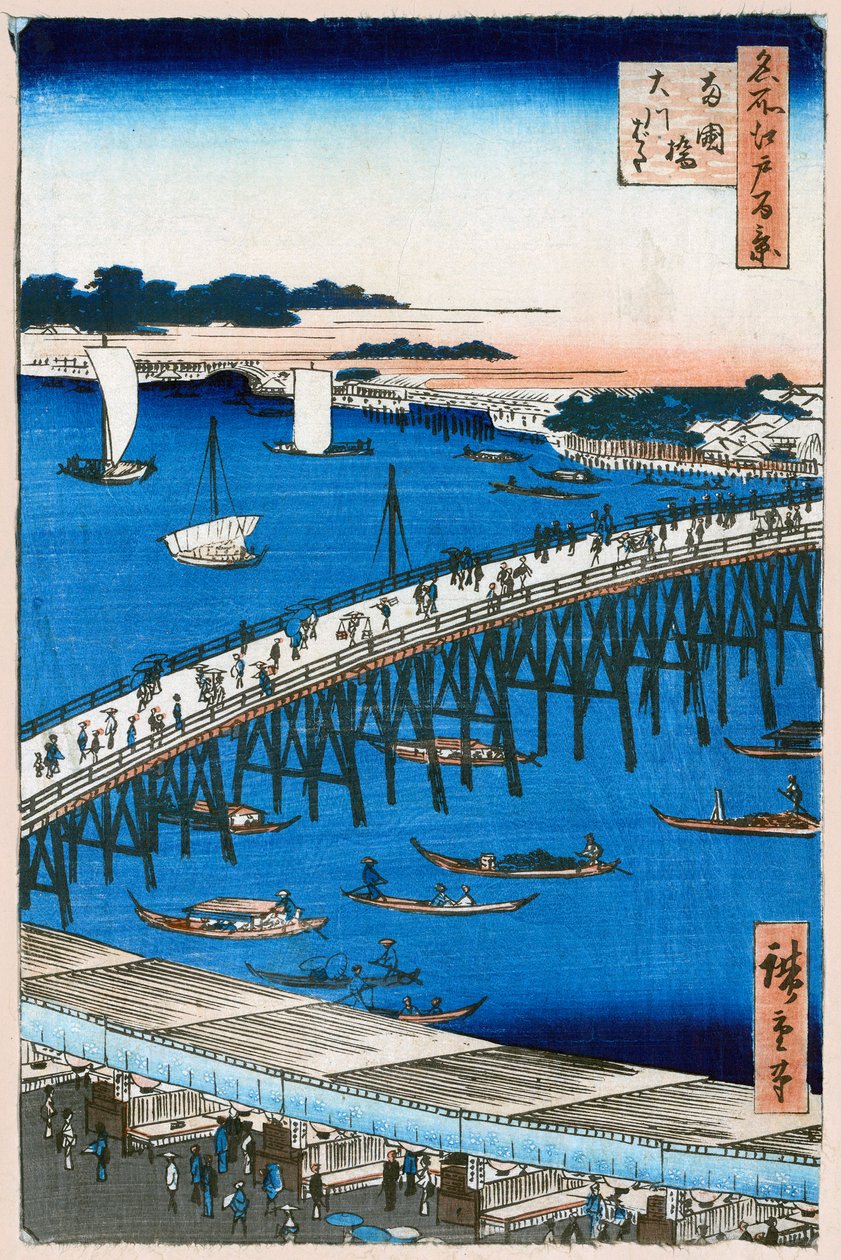 Flodbredden ved Ryogoku Bridge Et hundrede berømte udsigter over Edo, 1856-1858. af Utagawa Hiroshige