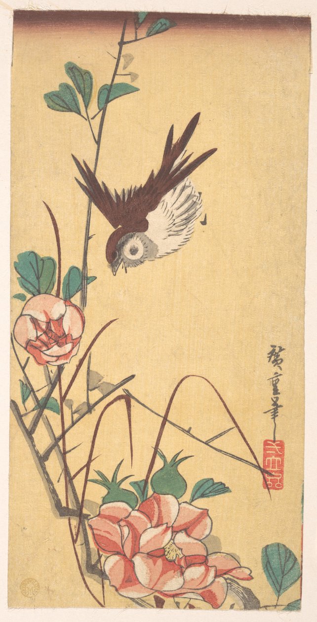 Roser og spurv af Utagawa Hiroshige