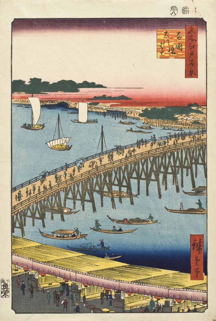 Ryōgoku-broen og den store flodbred af Utagawa Hiroshige