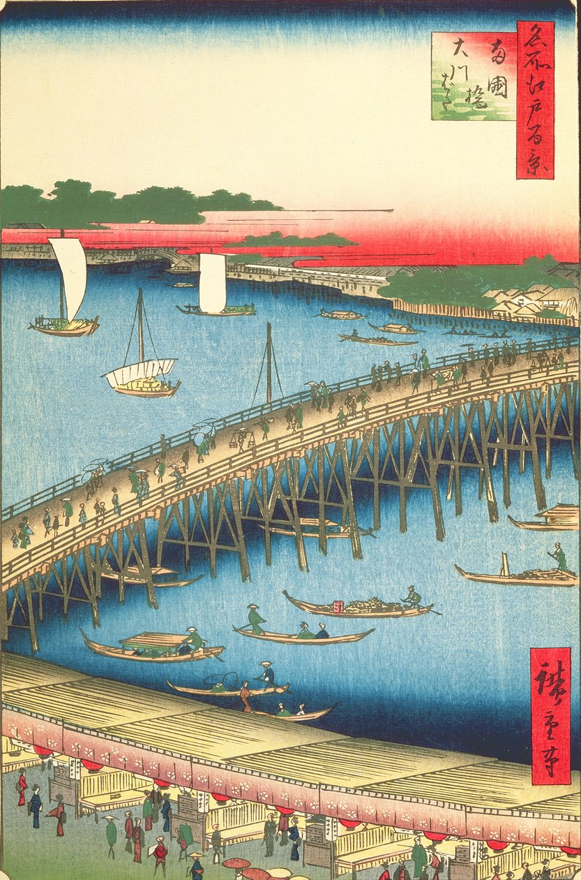 Ryogoku Bridge and the Great Riverbank, nr. 59 fra One Hundred famous Views of Edo, 1856 (træblok farvetryk) af Utagawa Hiroshige