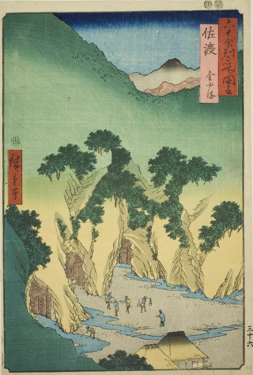 Sado Province: Gold Mines (Sado, Kinzan), fra serien "Famous Places in the Sixty-odd Provinces (Rokujuyoshu meisho zue)" af Utagawa Hiroshige