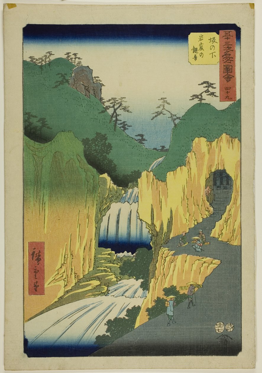Sakanoshita: Kannon i hulen (Sakanoshita, Gankutsu no Kannon), nr. 49 fra serien "Famous Sights of the Fifty-three Stations (Gojusan tsugi meisho zue)", også kendt som Vertical Tokaido. af Utagawa Hiroshige