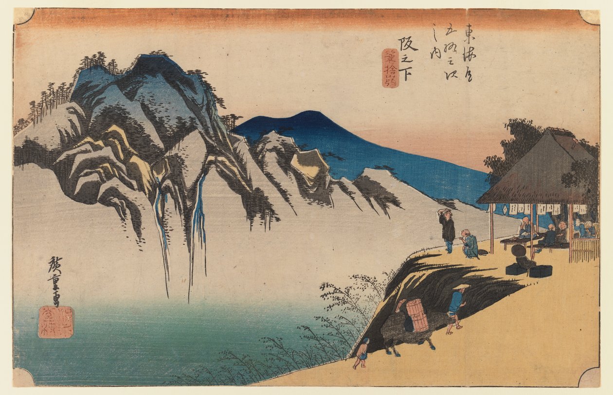 Sakanoshita: The Throwing Away the Brush Peak, plade 49 i den første Tokaido-serie, ca. 1834 (træblok i farver) af Utagawa Hiroshige