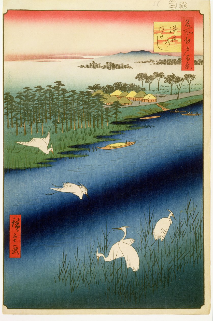 Sakasai Ferry, plade 67 fra serien One Hundred Famous Views of Edo, Edo Period, Ansei Era, 1857 (træbloktryk) af Utagawa Hiroshige