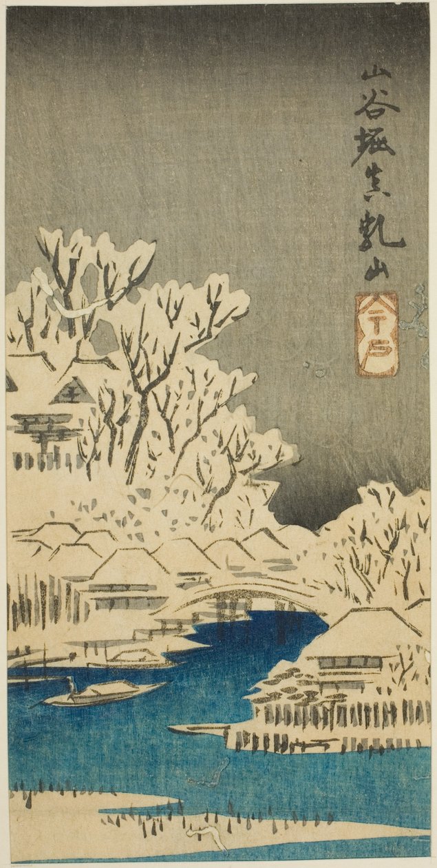 Sanya Canal og Matsuchi Hill (Sanyabori Matsuchiyama), sektion af et ark fra serien "Cutouts of Famous Places in Edo (Harimaze Koto meisho)" af Utagawa Hiroshige
