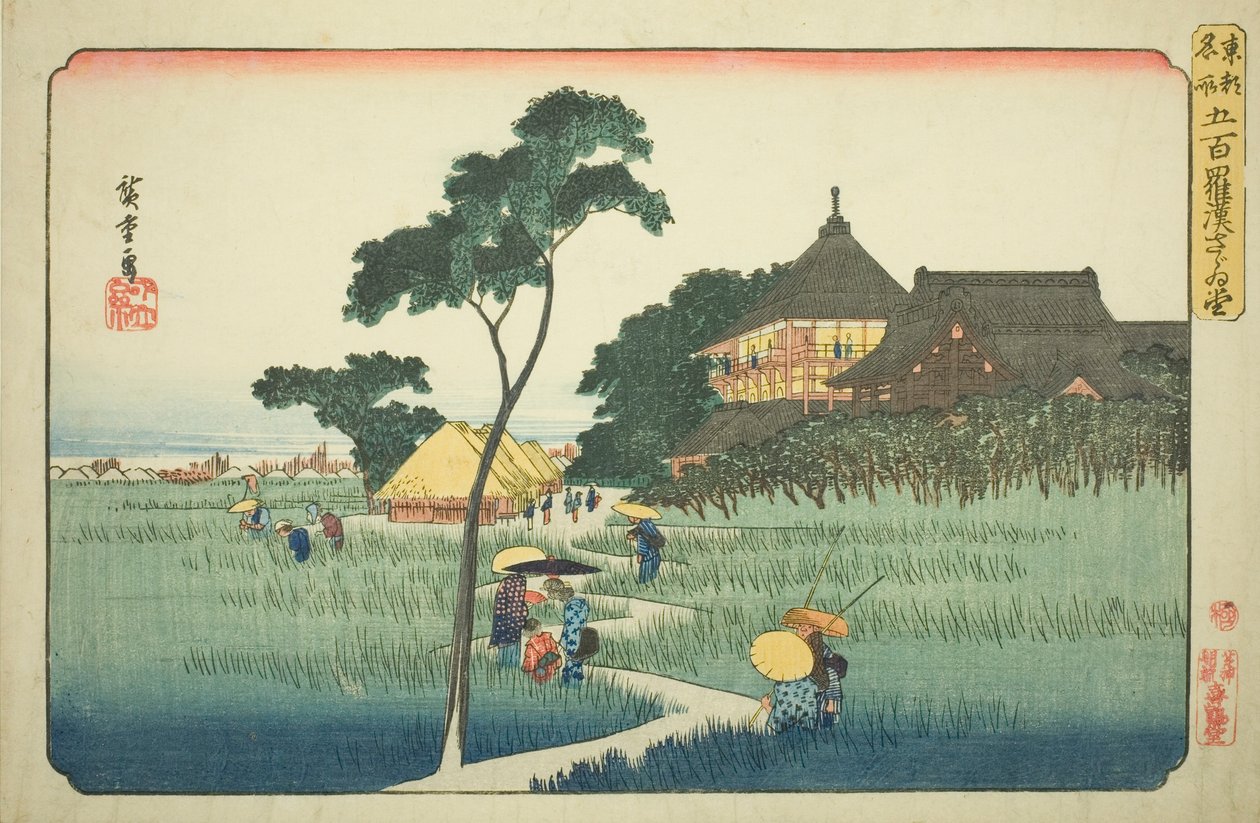 Sazai Hall ved Temple of the Five Hundred Arhats (Gohyaku rakan Sazaido), fra serien "Famous Places in the Eastern Capital (Toto meisho)" af Utagawa Hiroshige