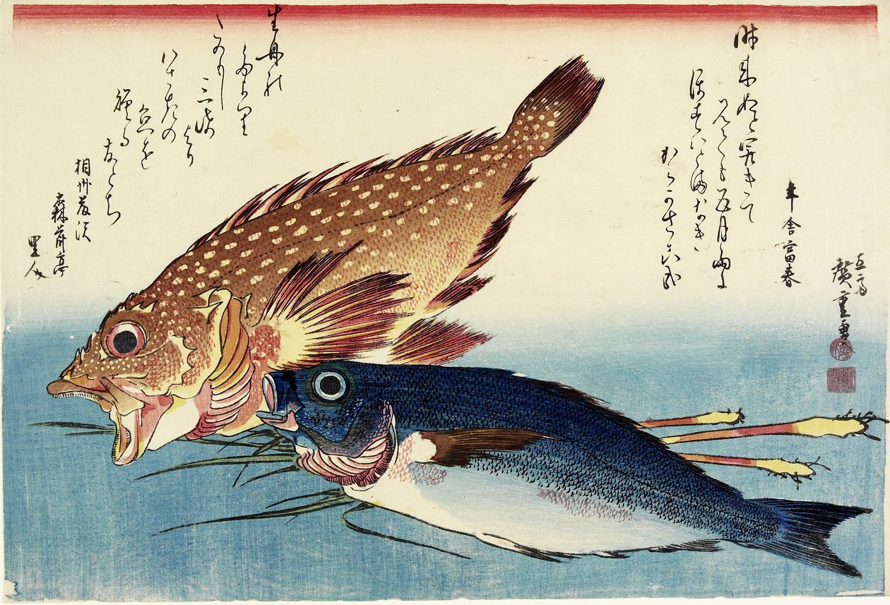 Skorpionfisk, hønsegrint og ingefærskud, ca. 1832 af Utagawa Hiroshige