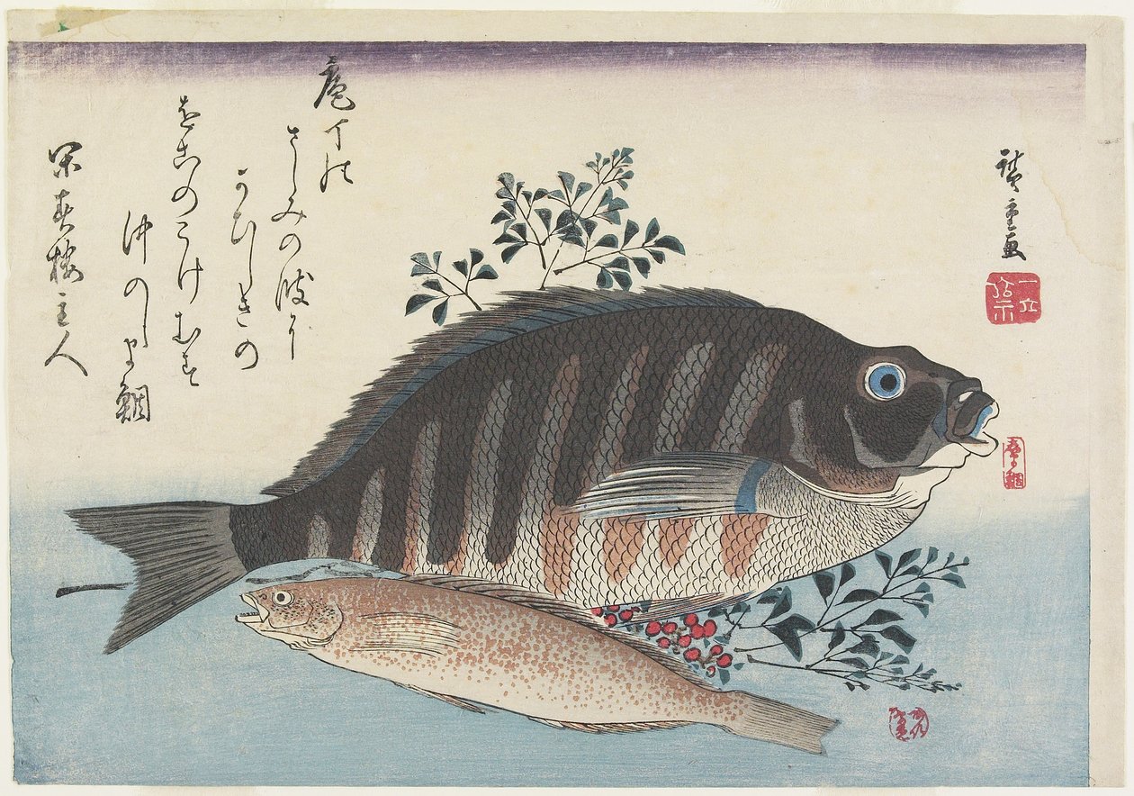 Brasen, sødfisk og Nandina-grene, ca. 1840 af Utagawa Hiroshige