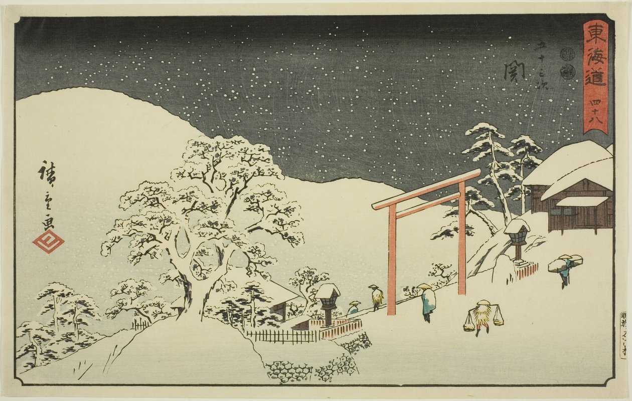 Seki - Nej. 48, fra serien "Fifty-three Stations of the Tokaido (Tokaido gojusan tsugi)," også kendt som Reisho Tokaido af Utagawa Hiroshige