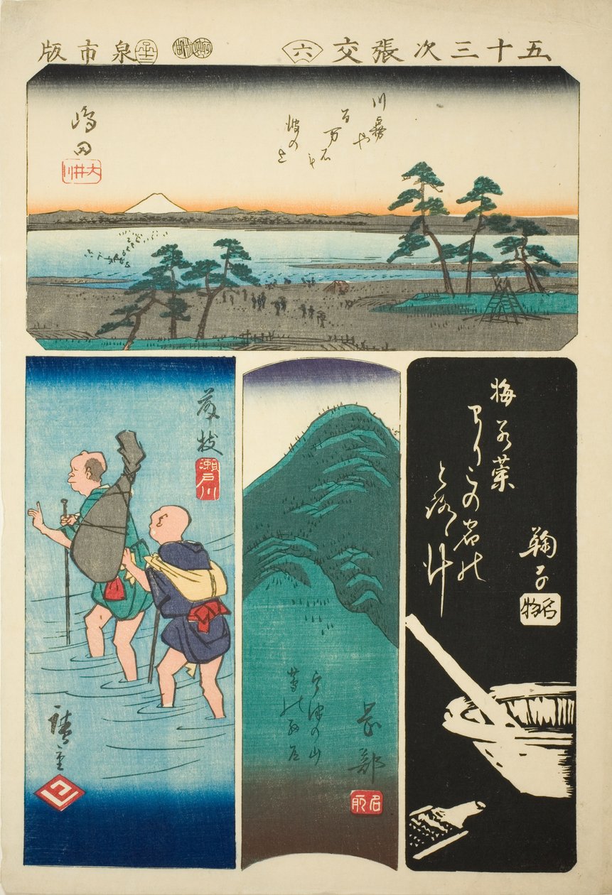 Shimada, Fujieda, Okabe og Mariko, nej. 6 fra serien "Cutouts of the Fifty-tre Stations (Gojusan tsugi harimaze)" af Utagawa Hiroshige