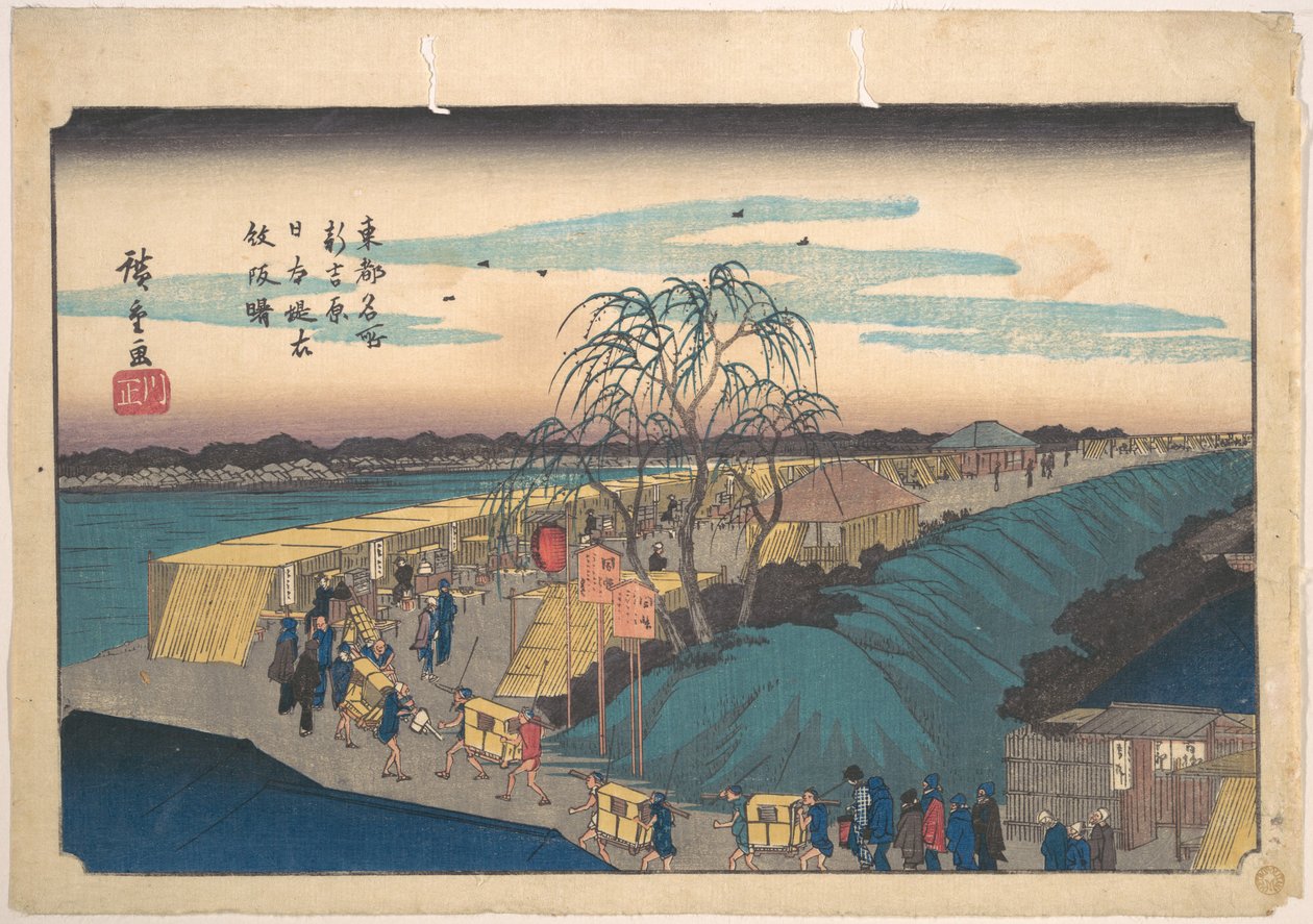 Shin-Yoshiwara, Nihon-dæmningen, Emonzaka ved daggry af Utagawa Hiroshige