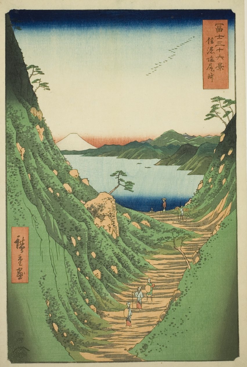 Shiojiri Pass i Shinano-provinsen (Shinano Shiojiri toge), fra serien "Seksogtredive udsigter over Mount Fuji (Fuji sanjurokkei)" af Utagawa Hiroshige