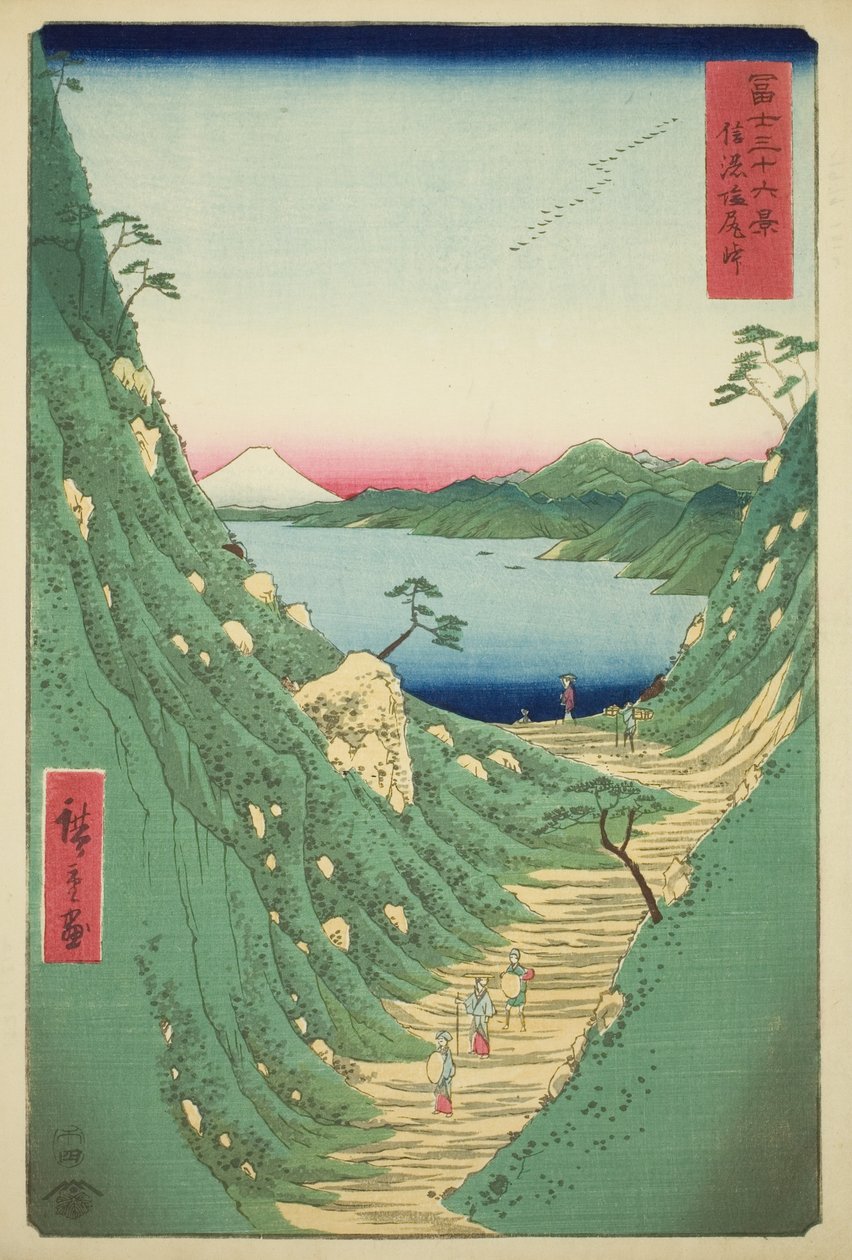 Shiojiri Pass i Shinano-provinsen (Shinano Shiojiri toge), fra serien "Thirty-six Views of Mount Fuji (Fuji sanjurokkei)" af Utagawa Hiroshige