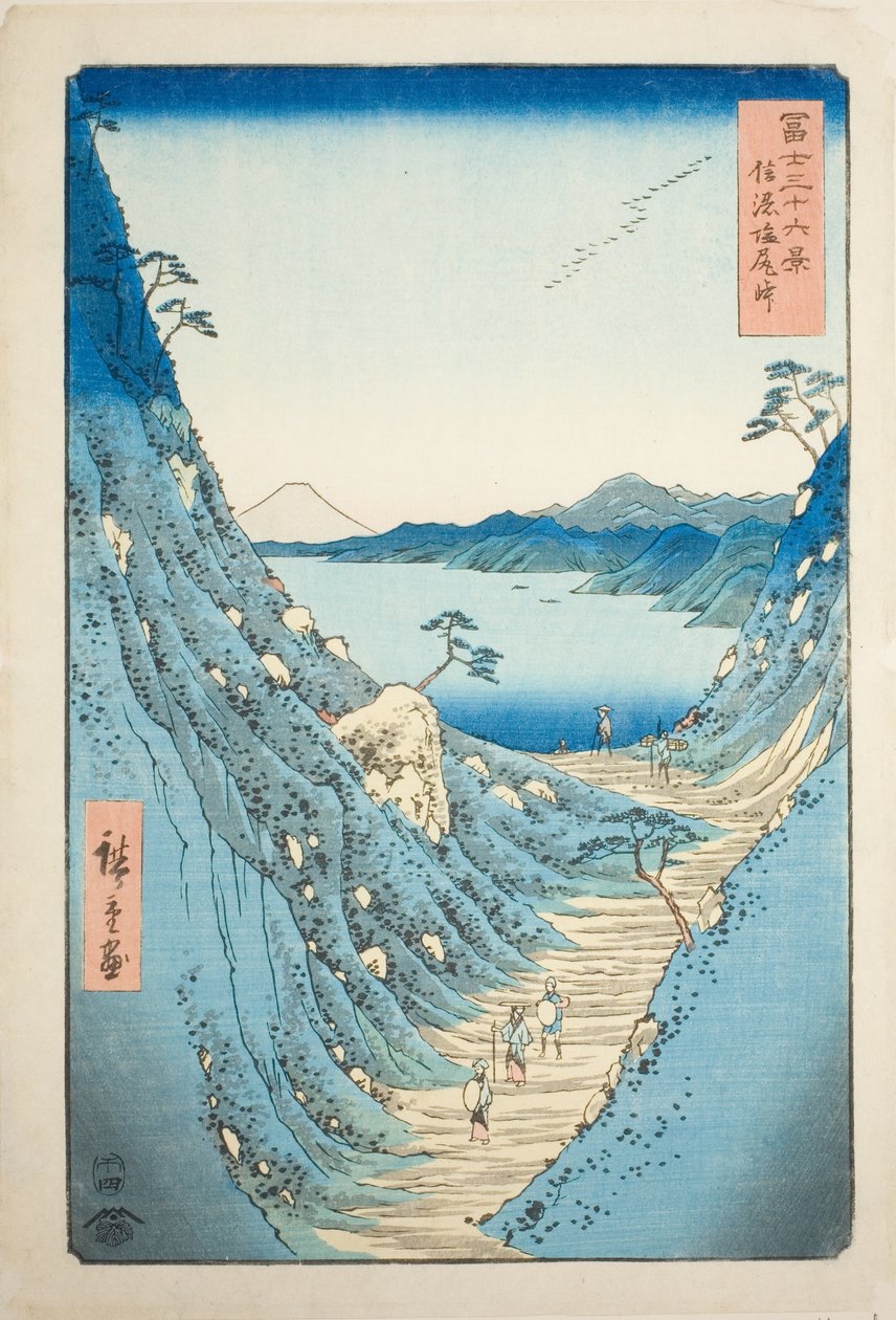 Shiojiri Pass i Shinano-provinsen (Shinano Shiojiri toge), fra serien "Thirty-six Views of Mount Fuji (Fuji sanjurokkei)" af Utagawa Hiroshige