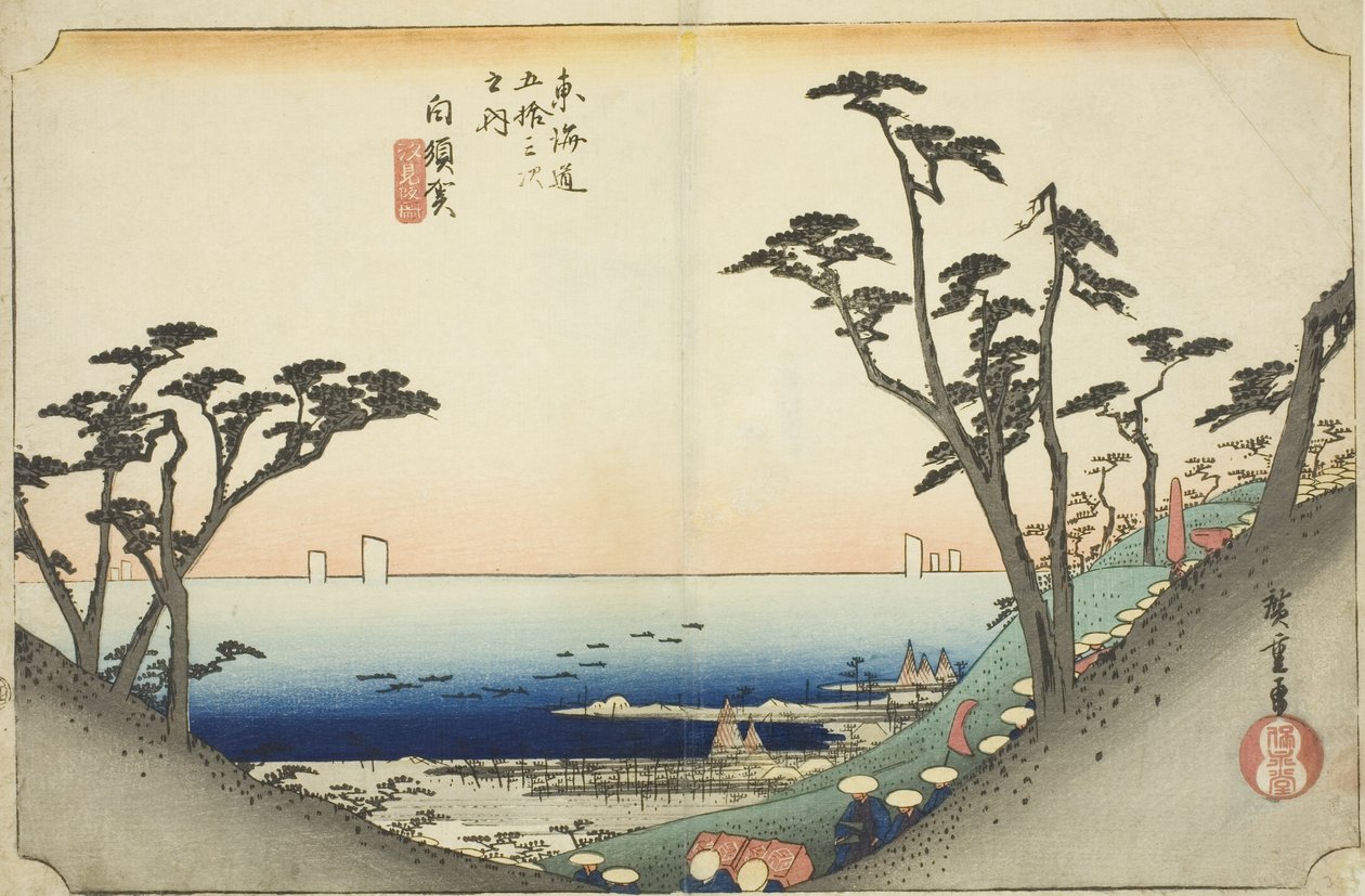 Shirasuka: View of Shiomi Slope (Shirasuka, Shiomizaka zu), fra serien "Fifty-three Stations of the Tokaido (Tokaido gojusan tsugi no uchi)," også kendt som Hoeido Tokaido af Utagawa Hiroshige