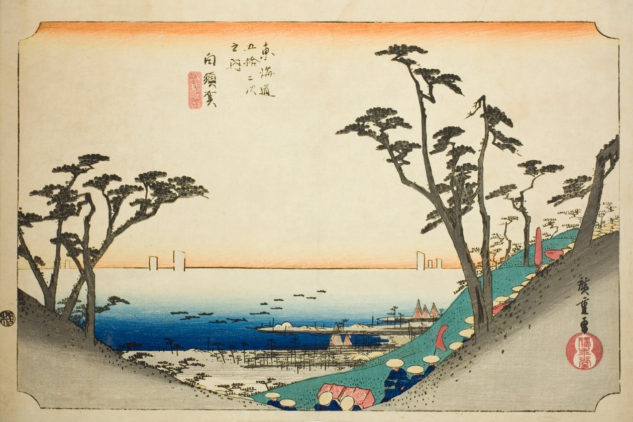 Shirasuka: View of Shiomi Slope (Shirasuka, Shiomizaka zu), fra serien "Fifty-three Stations of the Tokaido (Tokaido gojusan tsugi no uchi)," også kendt som Hoeido Tokaido af Utagawa Hiroshige