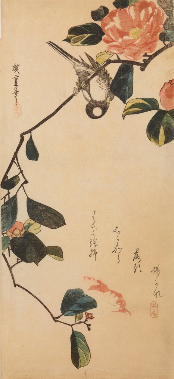 En mejse på en gren af en blomstrende kamelia / Tsubaki-ni shijukara af Utagawa Hiroshige