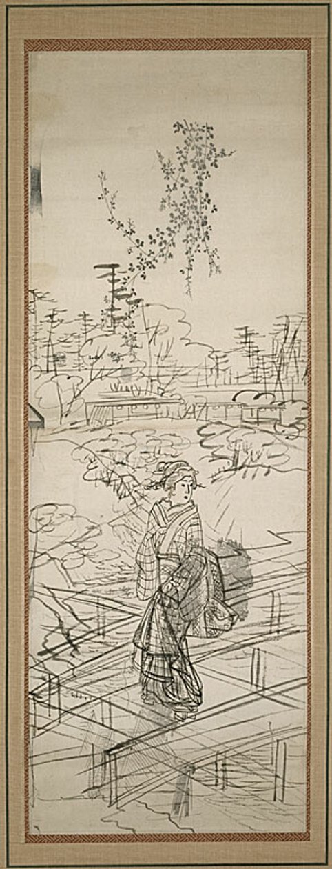 Skitse af kvinde på vej over bro af Utagawa Hiroshige