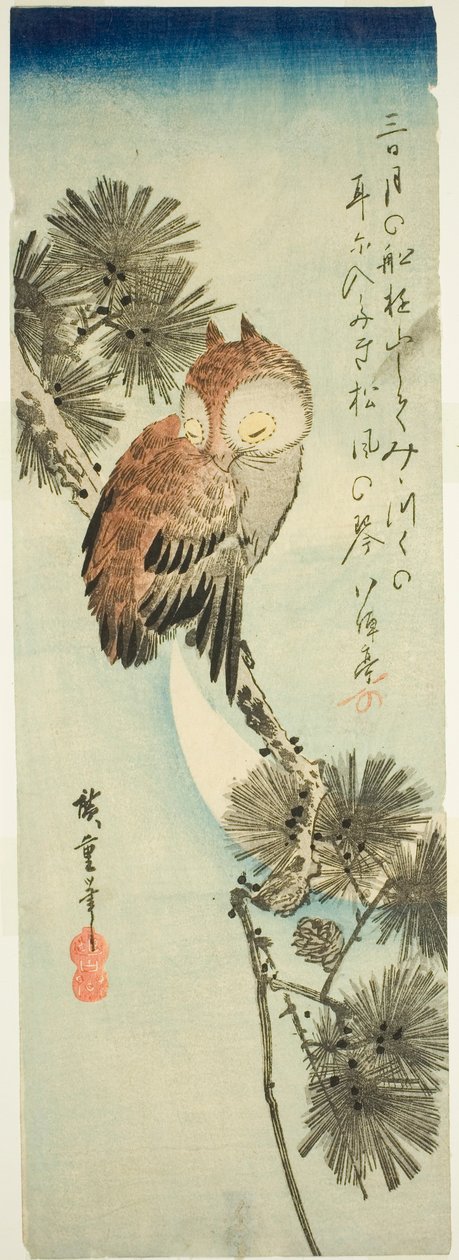 Småhornet ugle, fyrretræ og halvmåne af Utagawa Hiroshige