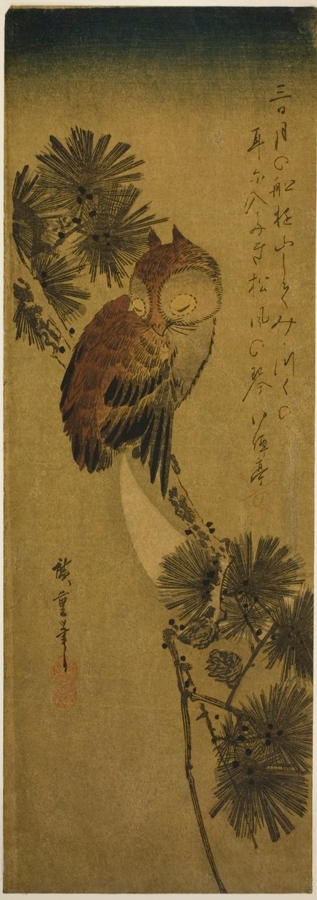 Småhornet ugle, fyrretræ og halvmåne af Utagawa Hiroshige