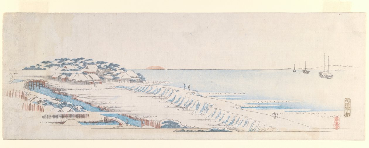 Snow Dawn at Susaki, fra Letter-Sheet-sættet, ca. 1839-40 (træblok i farver) af Utagawa Hiroshige