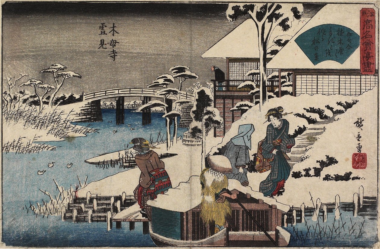 Snescene ved Mokubo-ji-templet og Restaurant Uekiya, ca. 1835-1842 af Utagawa Hiroshige