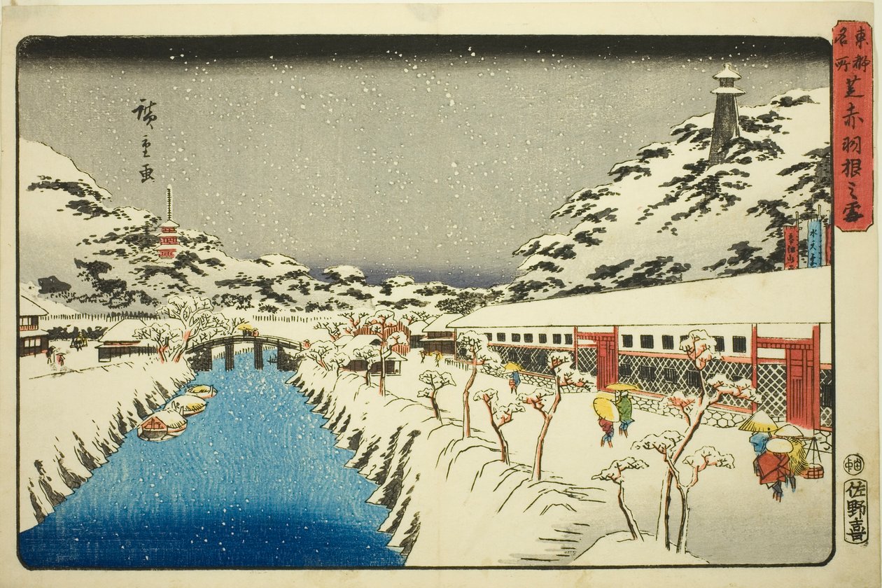 Sne ved Akabane Bridge i Shiba (Shiba Akabane no yuki), fra serien "Famous Places in the Eastern Capital (Toto meisho)" af Utagawa Hiroshige