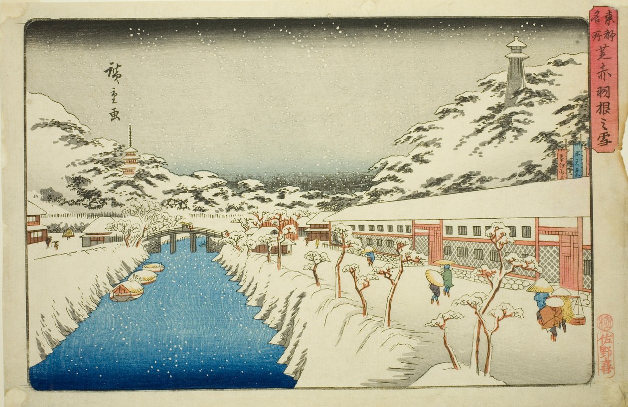 Sne ved Akabane Bridge i Shiba (Shiba Akabane no yuki), fra serien "Famous Places in the Eastern Capital (Toto meisho)" af Utagawa Hiroshige