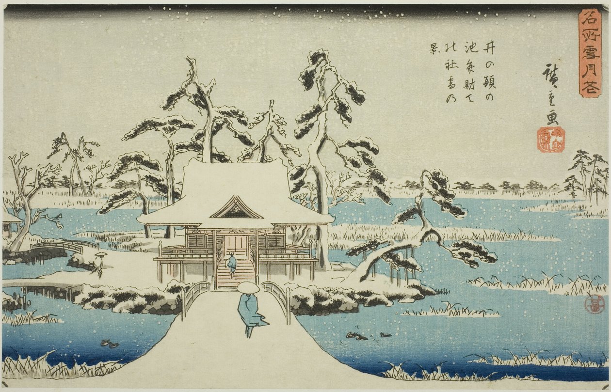 Sne ved Benzaiten-helligdommen i Inokashira-dammen (Inokashira no ike Benzaiten no yashiro yuki no kei), fra serien "Snow, Moon, and Flowers at Famous Places (Meisho setsugekka)" af Utagawa Hiroshige