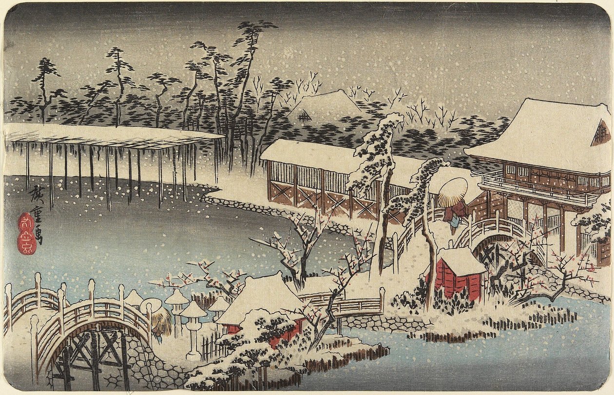 Sne ved Kameido Tenmans helligdom, 1832-1834 af Utagawa Hiroshige