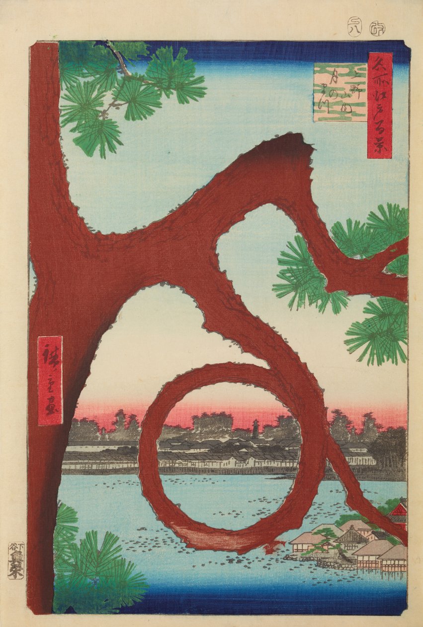 Måneformet fyrretræ på Ueno-højen / Ueno sannai Tsuki no matsu, plakat nr. 89 i serien: De hundrede berømte udsigter i Edo / Meisho Edo hyakkei af Utagawa Hiroshige