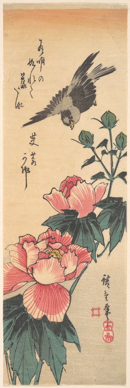 Spurv og hibiscus af Utagawa Hiroshige