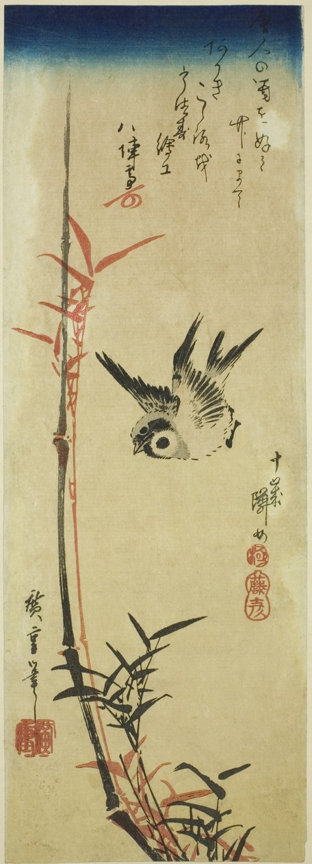 Spurv og bambus af Utagawa Hiroshige