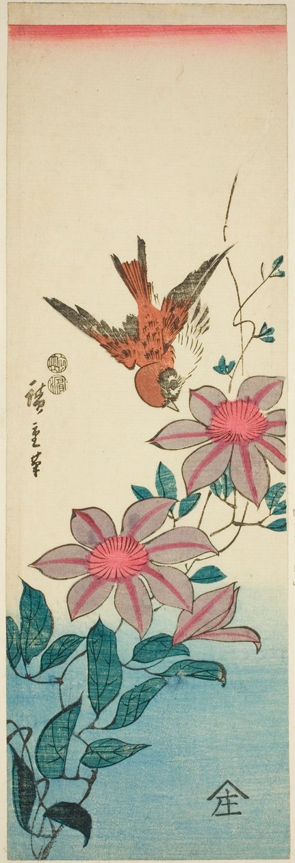 Spurv og klematis af Utagawa Hiroshige