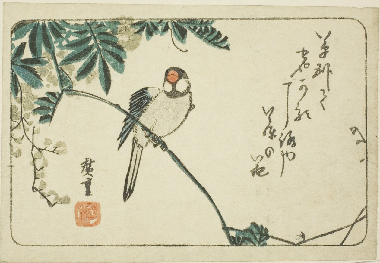 Spurv og blåregn af Utagawa Hiroshige