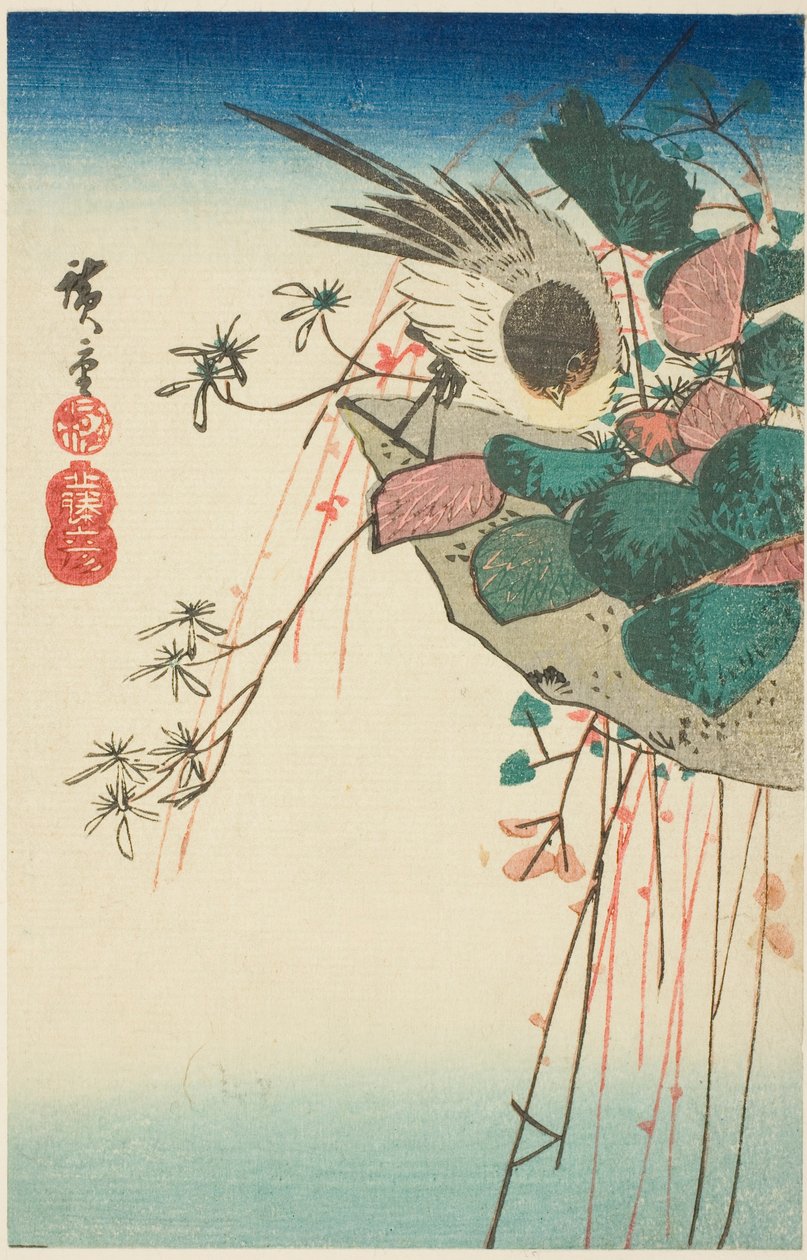 Spurv på en hængende plantekasse af Utagawa Hiroshige