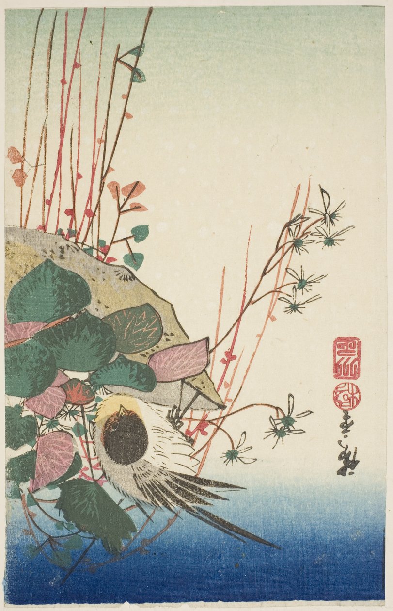 Spurv på en hængende plantekasse af Utagawa Hiroshige