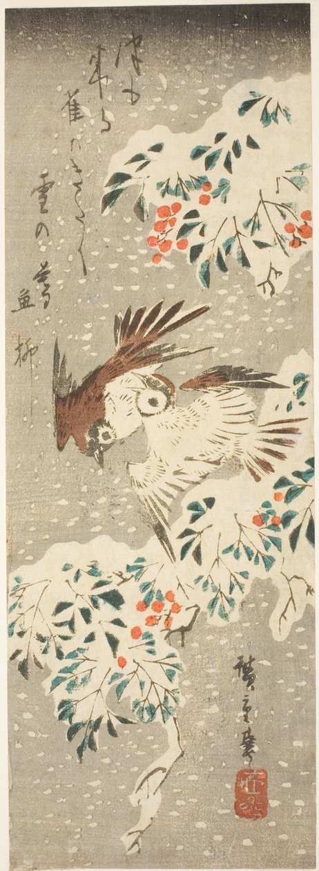 Spurve flakser om snedækkede Nandina, mens mere sne falder af Utagawa Hiroshige