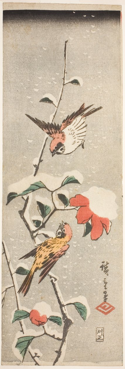Spurve og kamelia i sne af Utagawa Hiroshige