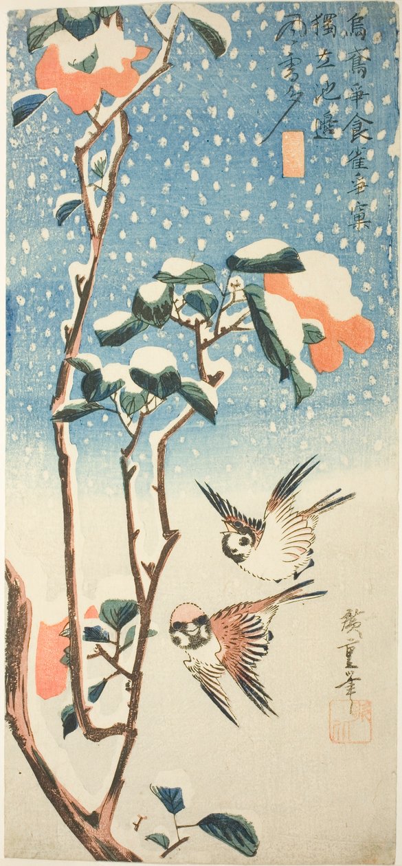 Spurve og kamelia i sne af Utagawa Hiroshige