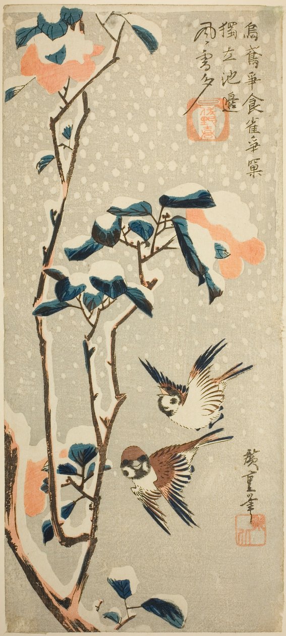 Spurve og kamelia i sne af Utagawa Hiroshige