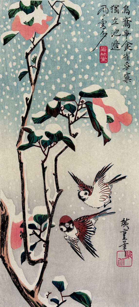 Spurve og kameliaer i sneen, 1830